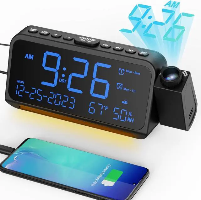 Main image of Projection Alarm Clock for Bedroom Ceiling, Digital Clock Projector with Weekday/Weekend Mode, Date, Temperature, Humidity, Type-C USB Charger, Snooze, Dual Alarms, Dimmer,12/24H