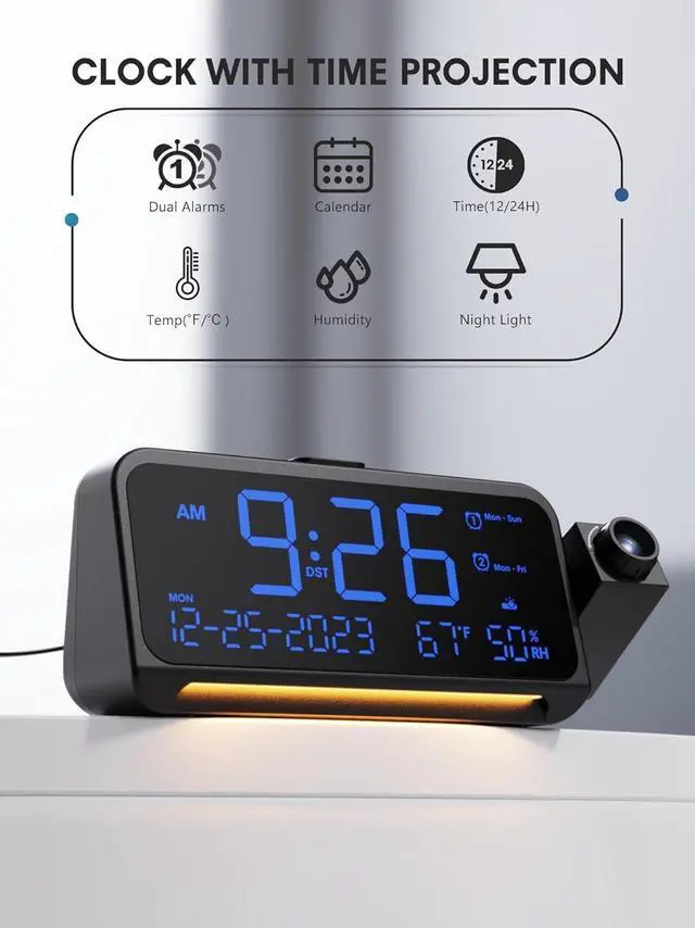 Alt view image 2 of 7 - Projection Alarm Clock for Bedroom Ceiling, Digital Clock Projector with Weekday/Weekend Mode, Date, Temperature, Humidity, Type-C USB Charger, Snooze, Dual Alarms, Dimmer,12/24H