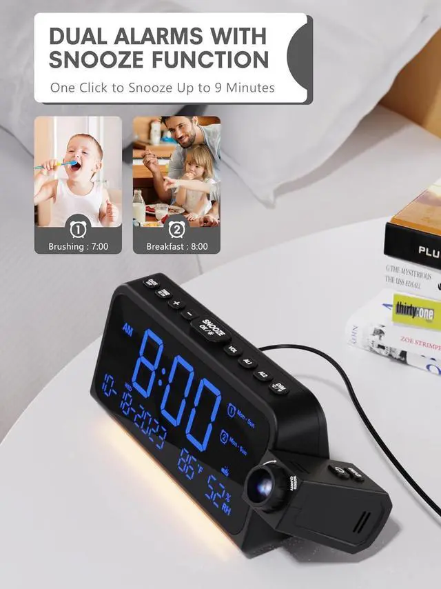 Alt view image 6 of 7 - Projection Alarm Clock for Bedroom Ceiling, Digital Clock Projector with Weekday/Weekend Mode, Date, Temperature, Humidity, Type-C USB Charger, Snooze, Dual Alarms, Dimmer,12/24H