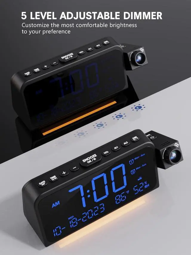 Alt view image 7 of 7 - Projection Alarm Clock for Bedroom Ceiling, Digital Clock Projector with Weekday/Weekend Mode, Date, Temperature, Humidity, Type-C USB Charger, Snooze, Dual Alarms, Dimmer,12/24H