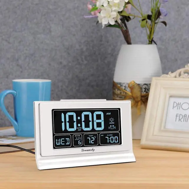 Alt view image 3 of 7 - DreamSky Alarm Clocks for Bedrooms with Battery Backup, Auto Set Digital Clock with Date and Day of Week, 5 Inch Large Display with Weekday Temperature, USB Ports, Auto DST, Brightness Dimmer, 12/24H