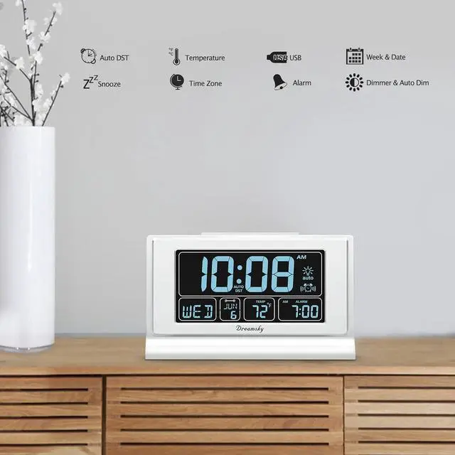 Alt view image 4 of 7 - DreamSky Alarm Clocks for Bedrooms with Battery Backup, Auto Set Digital Clock with Date and Day of Week, 5 Inch Large Display with Weekday Temperature, USB Ports, Auto DST, Brightness Dimmer, 12/24H