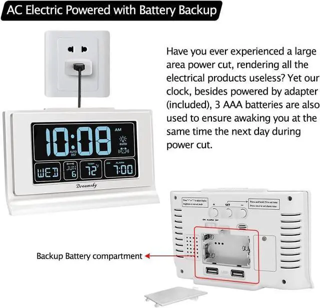 Alt view image 5 of 7 - DreamSky Alarm Clocks for Bedrooms with Battery Backup, Auto Set Digital Clock with Date and Day of Week, 5 Inch Large Display with Weekday Temperature, USB Ports, Auto DST, Brightness Dimmer, 12/24H