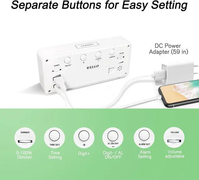 Alt view image 7 of 7 - 7.5 Inches Large Digital Alarm Clock for Seniors & Kids, 0-100% Dimmable Display, USB Charging Port, Adjustable Volume, Easy Operation, Snooze, Outlet Powered for Bedroom