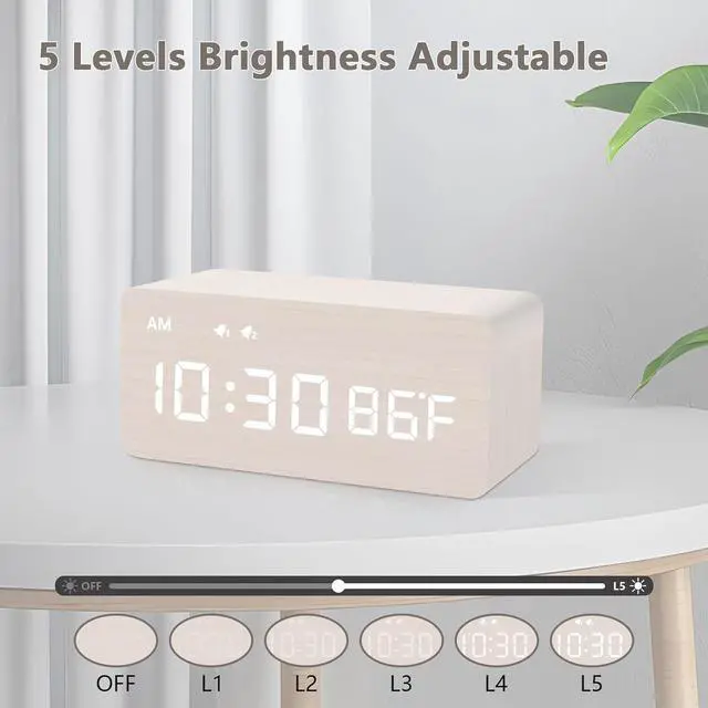 Alt view image 2 of 7 - MOSITO Digital Wooden Alarm Clock with Wireless Charging, 0-100% Dimmer, Dual Alarm, Weekday/Weekend Mode, Snooze, Wood LED Clocks for Bedroom, Bedside, Desk, Kids (White)