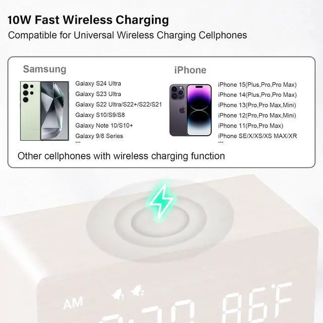 Alt view image 3 of 7 - MOSITO Digital Wooden Alarm Clock with Wireless Charging, 0-100% Dimmer, Dual Alarm, Weekday/Weekend Mode, Snooze, Wood LED Clocks for Bedroom, Bedside, Desk, Kids (White)