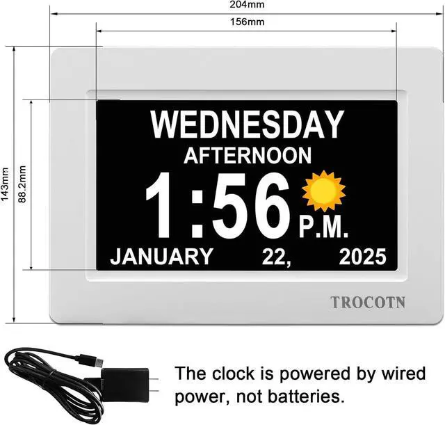 Alt view image 2 of 7 - TROCOTN Dementia Clocks, Large Display Calendar Alarm Clock with Auto DST for Seniors, 5 Display Modes Large Font Digital Clock with Custom Alarms Day Date Clocks. (7 Inch White)