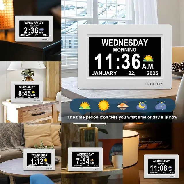 Alt view image 3 of 7 - TROCOTN Dementia Clocks, Large Display Calendar Alarm Clock with Auto DST for Seniors, 5 Display Modes Large Font Digital Clock with Custom Alarms Day Date Clocks. (7 Inch White)