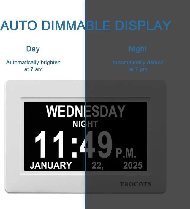 Alt view image 5 of 7 - TROCOTN Dementia Clocks, Large Display Calendar Alarm Clock with Auto DST for Seniors, 5 Display Modes Large Font Digital Clock with Custom Alarms Day Date Clocks. (7 Inch White)