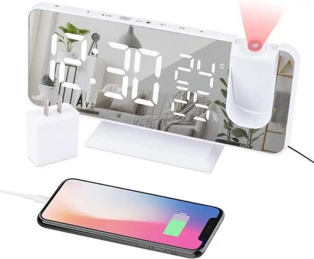 Main image of Projection Alarm Clock for Bedroom Ceiling Digital Clock Radio with USB Charger Ports, 7.3" Large LED Screen, 4 Dimmer, Dual Alarm Clock with 2 Sounds, Snooze, White