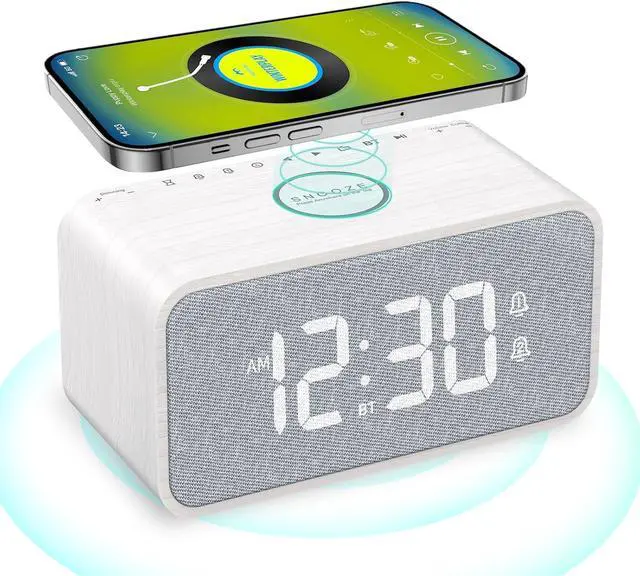 Main image of ANJANK Wooden Alarm Clock Radio with Bluetooth Speaker, Wireless Charging Station for iPhone/Samsung, Dual Alarms, Auto-sync Time, 0-100% Dimmer, Digital Clock for Bedrooms Bedside Desk