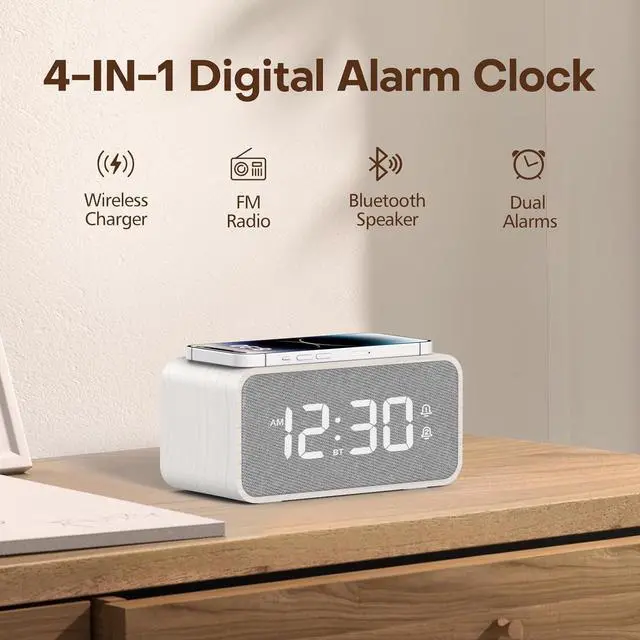 Alt view image 2 of 7 - ANJANK Wooden Alarm Clock Radio with Bluetooth Speaker, Wireless Charging Station for iPhone/Samsung, Dual Alarms, Auto-sync Time, 0-100% Dimmer, Digital Clock for Bedrooms Bedside Desk