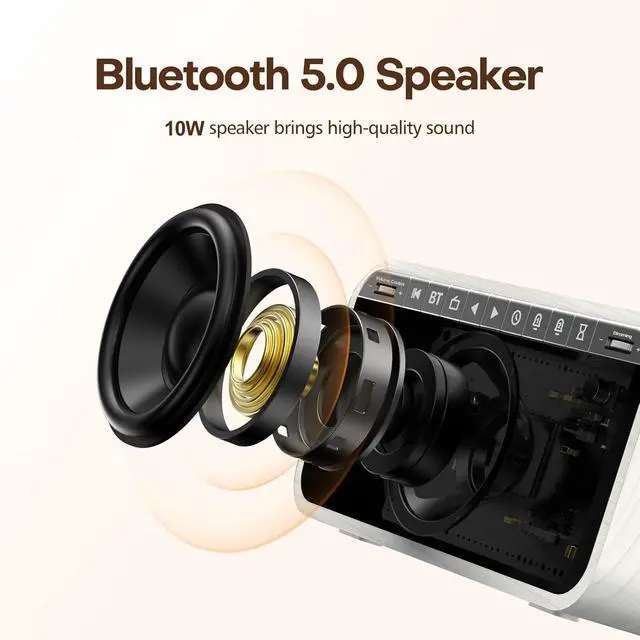 Alt view image 3 of 7 - ANJANK Wooden Alarm Clock Radio with Bluetooth Speaker, Wireless Charging Station for iPhone/Samsung, Dual Alarms, Auto-sync Time, 0-100% Dimmer, Digital Clock for Bedrooms Bedside Desk