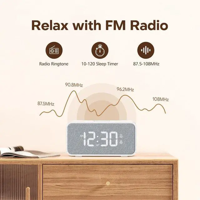 Alt view image 4 of 7 - ANJANK Wooden Alarm Clock Radio with Bluetooth Speaker, Wireless Charging Station for iPhone/Samsung, Dual Alarms, Auto-sync Time, 0-100% Dimmer, Digital Clock for Bedrooms Bedside Desk