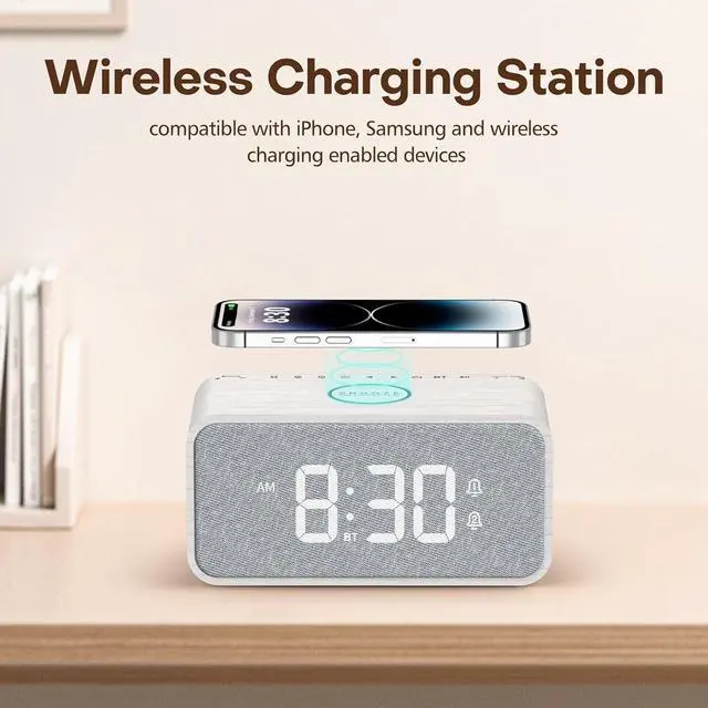 Alt view image 5 of 7 - ANJANK Wooden Alarm Clock Radio with Bluetooth Speaker, Wireless Charging Station for iPhone/Samsung, Dual Alarms, Auto-sync Time, 0-100% Dimmer, Digital Clock for Bedrooms Bedside Desk