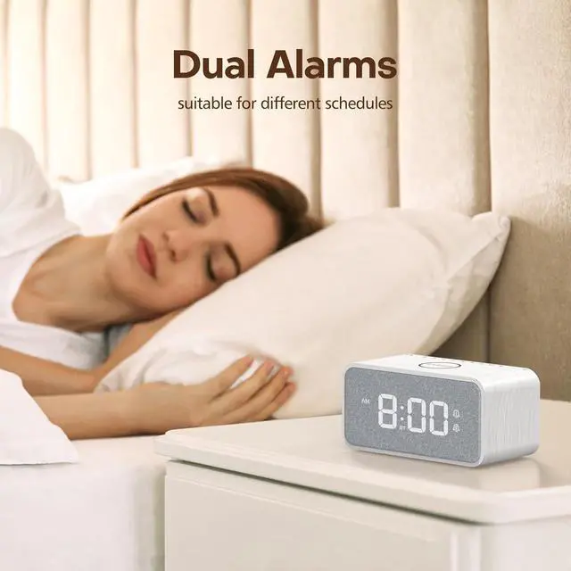 Alt view image 6 of 7 - ANJANK Wooden Alarm Clock Radio with Bluetooth Speaker, Wireless Charging Station for iPhone/Samsung, Dual Alarms, Auto-sync Time, 0-100% Dimmer, Digital Clock for Bedrooms Bedside Desk