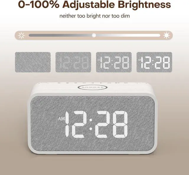 Alt view image 7 of 7 - ANJANK Wooden Alarm Clock Radio with Bluetooth Speaker, Wireless Charging Station for iPhone/Samsung, Dual Alarms, Auto-sync Time, 0-100% Dimmer, Digital Clock for Bedrooms Bedside Desk