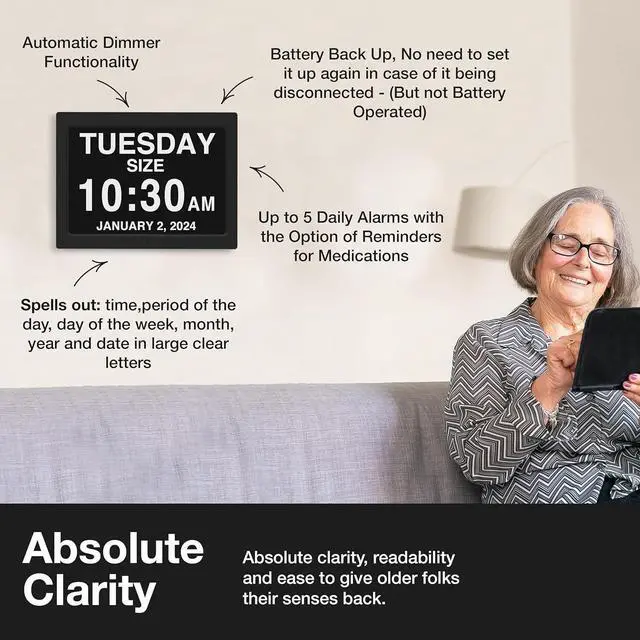 Alt view image 4 of 7 - American Lifetime New 2025 Dementia Clock Large for Seniors, Digital Clock Large Display with Custom Alarms, Clock with Day & Date for Elderly, Number Digital Clock 12 Inches White