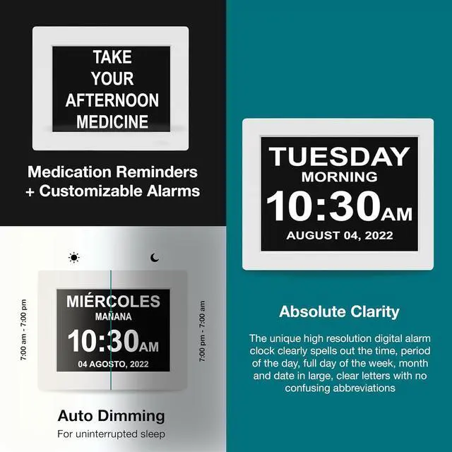 Alt view image 6 of 7 - American Lifetime New 2025 Dementia Clock Large for Seniors, Digital Clock Large Display with Custom Alarms, Clock with Day & Date for Elderly, Number Digital Clock 12 Inches White