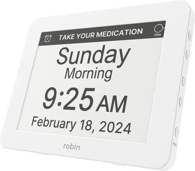 Main image of Robin Clock 2024 with Day and Date for Elderly, Clocks for Seniors, Dementia Clock, Digital Calendar Clock Elderly, Bedside Clocks Seniors, Alzheimers Products, Dementia Clocks Extra Large, White