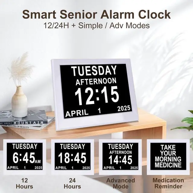 Alt view image 2 of 7 - KASTISS Digital Day Calendar Clock for Elderly, Programmable Medication Reminder, 8" Digital Clock Large Display with Date & Week and Time, for Office, Home (White)