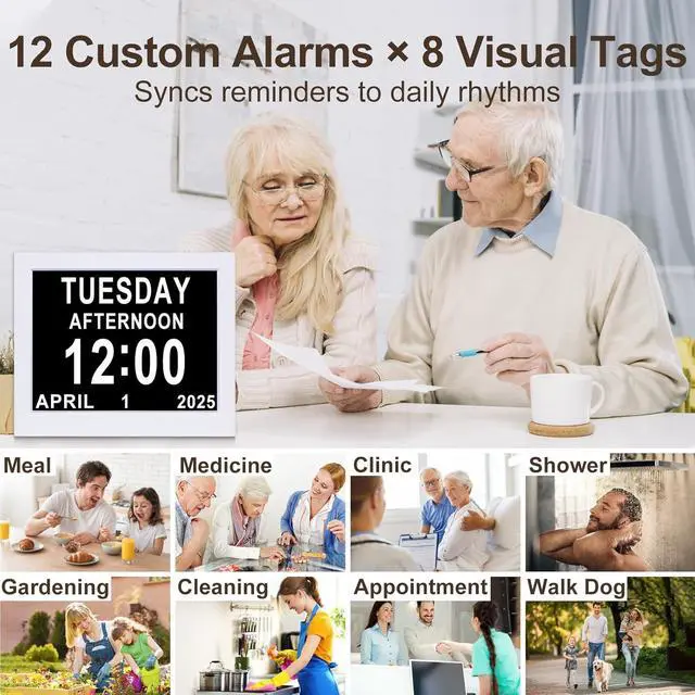 Alt view image 4 of 7 - KASTISS Digital Day Calendar Clock for Elderly, Programmable Medication Reminder, 8" Digital Clock Large Display with Date & Week and Time, for Office, Home (White)