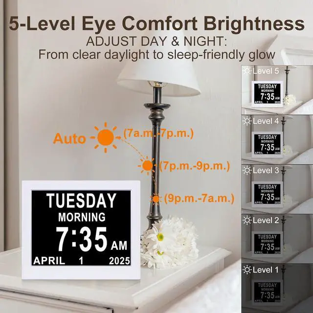 Alt view image 5 of 7 - KASTISS Digital Day Calendar Clock for Elderly, Programmable Medication Reminder, 8" Digital Clock Large Display with Date & Week and Time, for Office, Home (White)