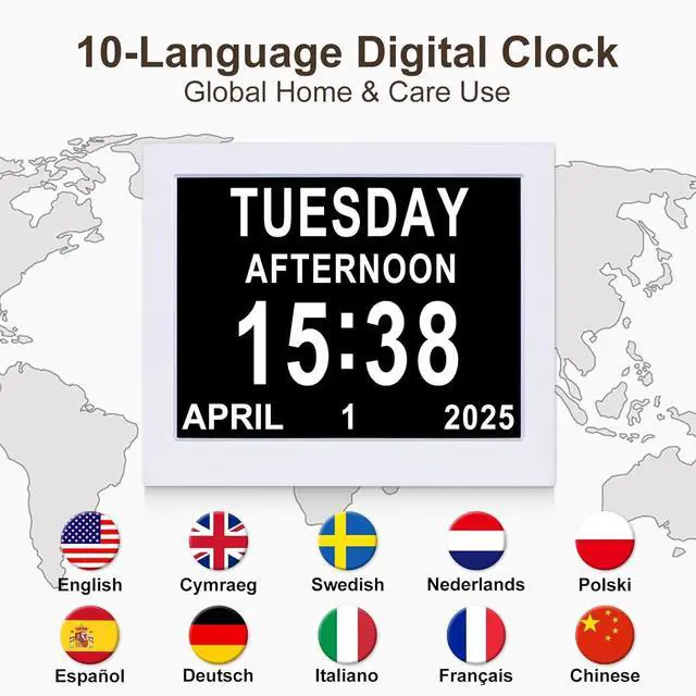 Alt view image 7 of 7 - KASTISS Digital Day Calendar Clock for Elderly, Programmable Medication Reminder, 8" Digital Clock Large Display with Date & Week and Time, for Office, Home (White)