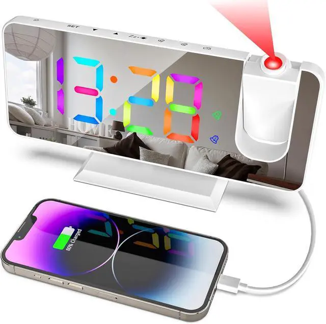 Main image of Projection Alarm Clock for Bedrooms Ceiling,7.3" Digital Clock Large Display Mirror Screen,11 Colors RGB Clock with 180° Rotatable Projector,5 Auto Dimmer,12/24h, Snooze,Dual Alarm