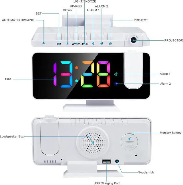 Alt view image 2 of 7 - Projection Alarm Clock for Bedrooms Ceiling,7.3" Digital Clock Large Display Mirror Screen,11 Colors RGB Clock with 180° Rotatable Projector,5 Auto Dimmer,12/24h, Snooze,Dual Alarm