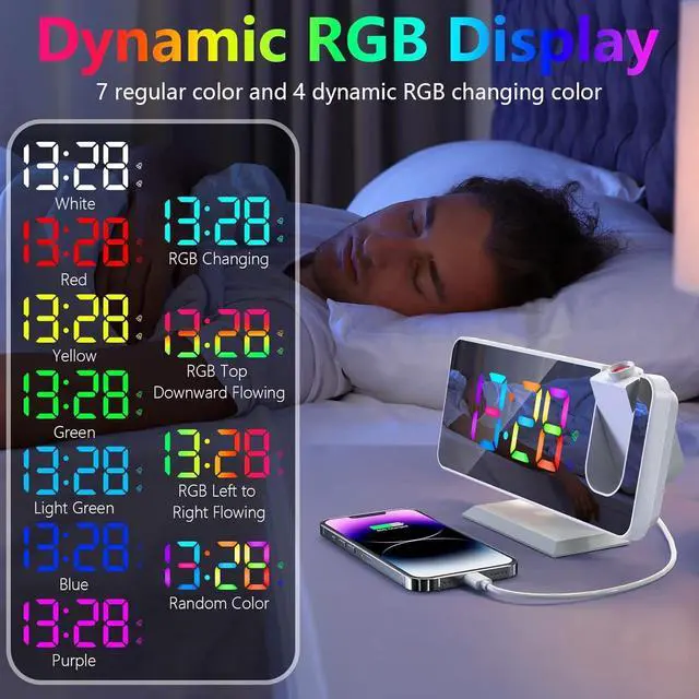 Alt view image 3 of 7 - Projection Alarm Clock for Bedrooms Ceiling,7.3" Digital Clock Large Display Mirror Screen,11 Colors RGB Clock with 180° Rotatable Projector,5 Auto Dimmer,12/24h, Snooze,Dual Alarm