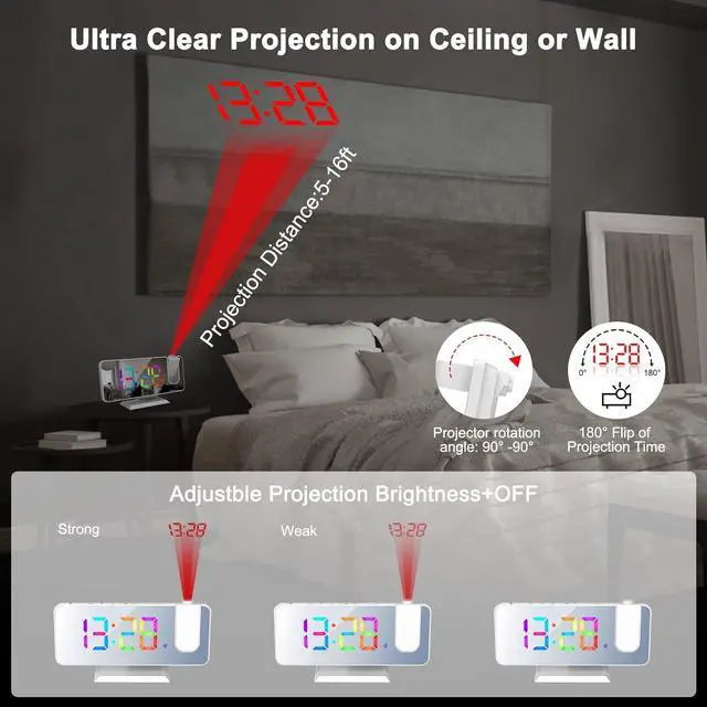 Alt view image 4 of 7 - Projection Alarm Clock for Bedrooms Ceiling,7.3" Digital Clock Large Display Mirror Screen,11 Colors RGB Clock with 180° Rotatable Projector,5 Auto Dimmer,12/24h, Snooze,Dual Alarm