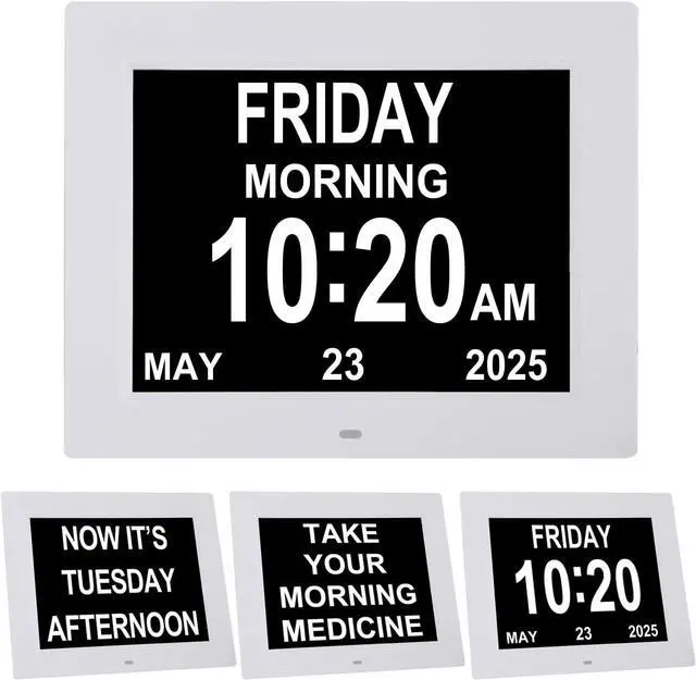 Main image of TMC 8 Inch Digital Dementia Clock for Seniors, Large Calendar with Day Date & Week Display, 5 Alarms + 3 Medicine Reminders, Plays SD Card Video, Wall Mountable, Detachable Stand (White, SD)
