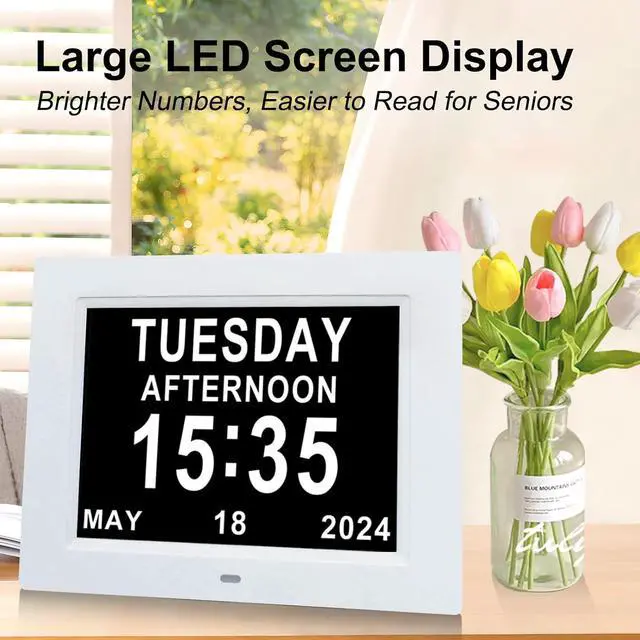 Alt view image 2 of 7 - TMC 8 Inch Digital Dementia Clock for Seniors, Large Calendar with Day Date & Week Display, 5 Alarms + 3 Medicine Reminders, Plays SD Card Video, Wall Mountable, Detachable Stand (White, SD)