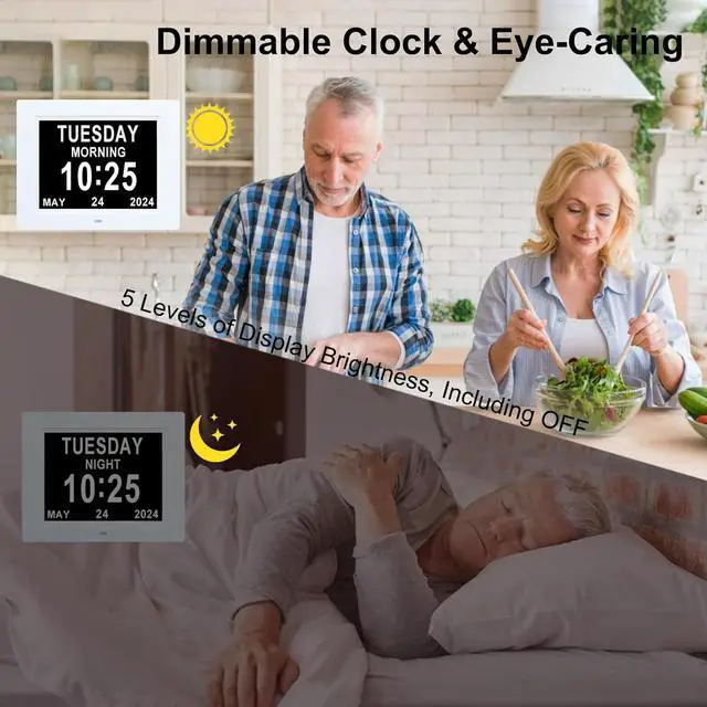 Alt view image 4 of 7 - TMC 8 Inch Digital Dementia Clock for Seniors, Large Calendar with Day Date & Week Display, 5 Alarms + 3 Medicine Reminders, Plays SD Card Video, Wall Mountable, Detachable Stand (White, SD)