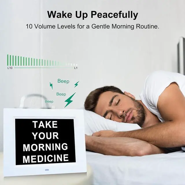 Alt view image 5 of 7 - TMC 8 Inch Digital Dementia Clock for Seniors, Large Calendar with Day Date & Week Display, 5 Alarms + 3 Medicine Reminders, Plays SD Card Video, Wall Mountable, Detachable Stand (White, SD)