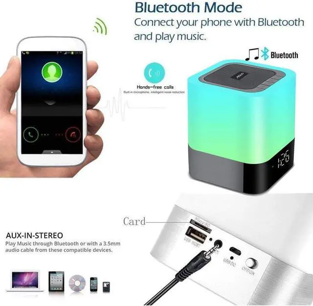 Alt view image 3 of 7 - Aisuo Night Light-5 in 1 Bedside Lamp with Bluetooth Speaker, 12/24H Digital Calendar Alarm Clock, Touch Control, Support TF and SD Card, Music Player, Gift for Girls Boys Teens,Warm White