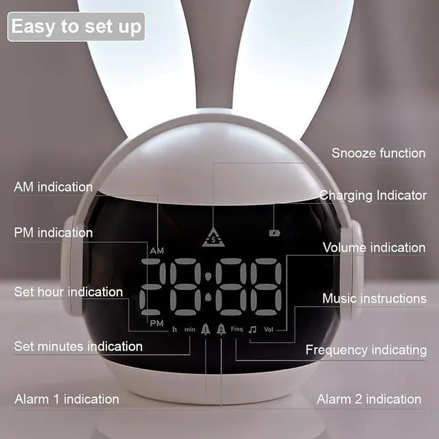Alt view image 7 of 7 - Kids Alarm Clock for Kids, Bunny Alarm Clocks for Girls Boys, White Kid Alarm Clock with Ringtones & Night Light Rechargeable Snoozing
