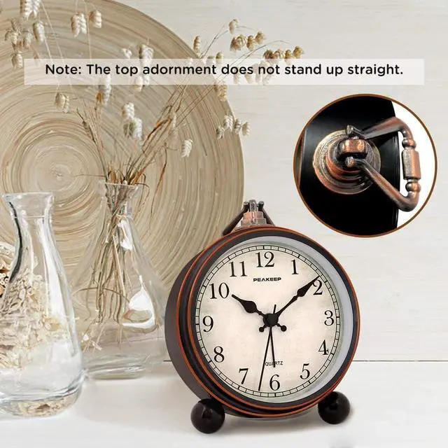 Alt view image 2 of 7 - Peakeep 4" Small Battery Operated Antique Retro Analog Alarm Clock with Contour Lines in Gold for Room Decors, Silent Elegant Bedside Desk Gift Clock