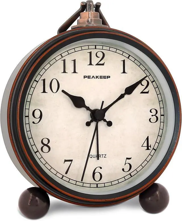 Main image of Peakeep 4" Small Battery Operated Antique Retro Analog Alarm Clock with Contour Lines in Gold for Room Decors, Silent Elegant Bedside Desk Gift Clock