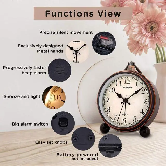 Alt view image 4 of 7 - Peakeep 4" Small Battery Operated Antique Retro Analog Alarm Clock with Contour Lines in Gold for Room Decors, Silent Elegant Bedside Desk Gift Clock