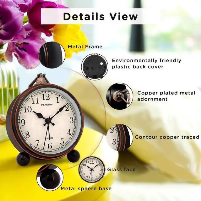 Alt view image 3 of 7 - Peakeep 4" Small Battery Operated Antique Retro Analog Alarm Clock with Contour Lines in Gold for Room Decors, Silent Elegant Bedside Desk Gift Clock