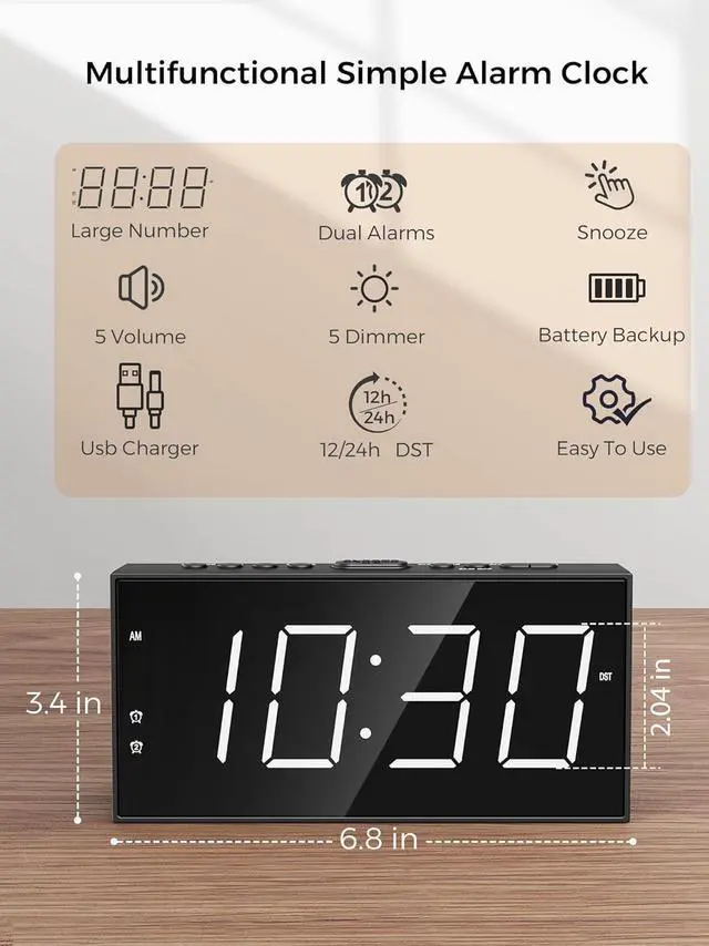 Alt view image 2 of 7 - Alarm Clock for Bedroom, 2 Alarms Loud LED Big Display Plug in Simple Basic Digital Clock with USB Charging Port, Adjustable Volume, Dimmable, Snooze for Deep Sleepers Kids Elderly Home Office