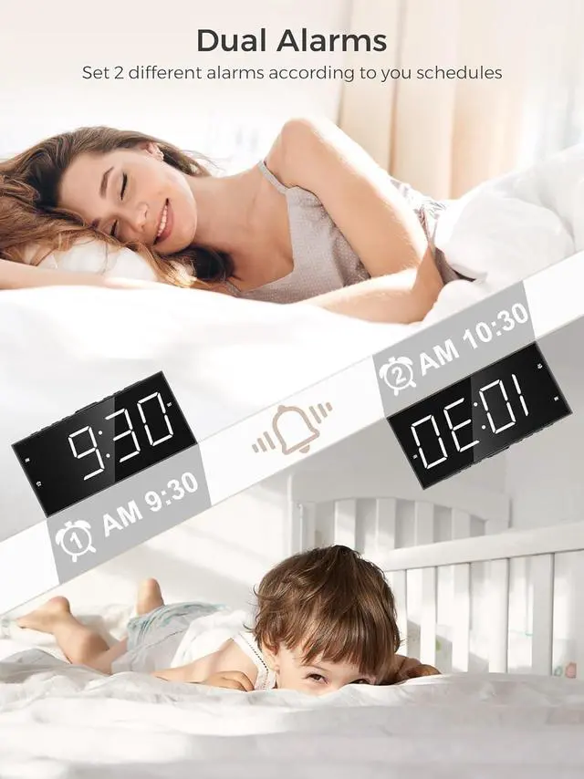 Alt view image 3 of 7 - Alarm Clock for Bedroom, 2 Alarms Loud LED Big Display Plug in Simple Basic Digital Clock with USB Charging Port, Adjustable Volume, Dimmable, Snooze for Deep Sleepers Kids Elderly Home Office