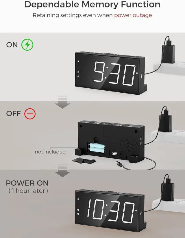 Alt view image 6 of 7 - Alarm Clock for Bedroom, 2 Alarms Loud LED Big Display Plug in Simple Basic Digital Clock with USB Charging Port, Adjustable Volume, Dimmable, Snooze for Deep Sleepers Kids Elderly Home Office