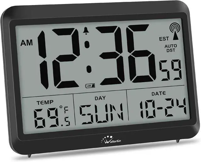 Main image of WallarGe Atomic Digital Wall Clock Battery Operated, Self-Setting, Large Display with Temperature, Date, Day of The Week, Silent Wall Mount Digital Clock, 4 Time Zones, DST