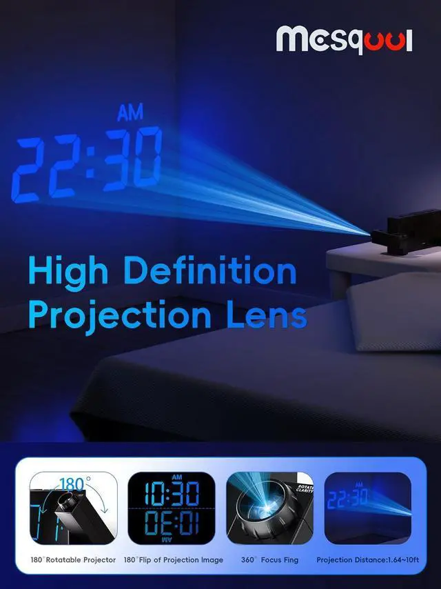 Alt view image 3 of 7 - Digital Projection Alarm Clocks for Bedrooms - Large LED Display, 180° Rotatable Projector, 5-Level Dimmer,USB Charger,Battery Backup,Loud Dual Alarms for Kids Elderly,Heavy Sleepers,Snooze,12/24H,DST