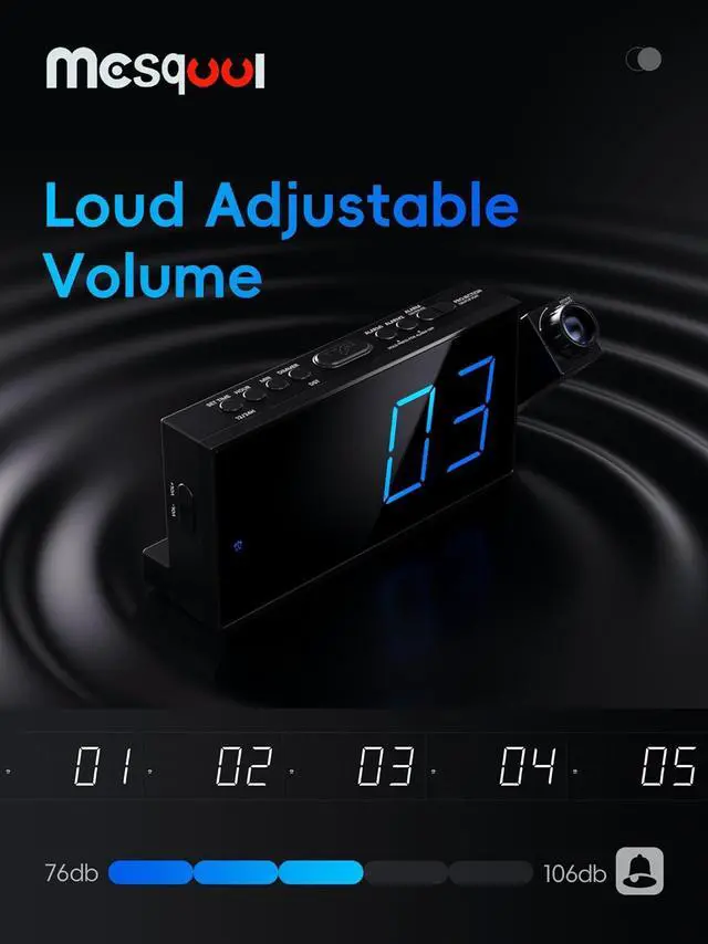 Alt view image 5 of 7 - Digital Projection Alarm Clocks for Bedrooms - Large LED Display, 180° Rotatable Projector, 5-Level Dimmer,USB Charger,Battery Backup,Loud Dual Alarms for Kids Elderly,Heavy Sleepers,Snooze,12/24H,DST