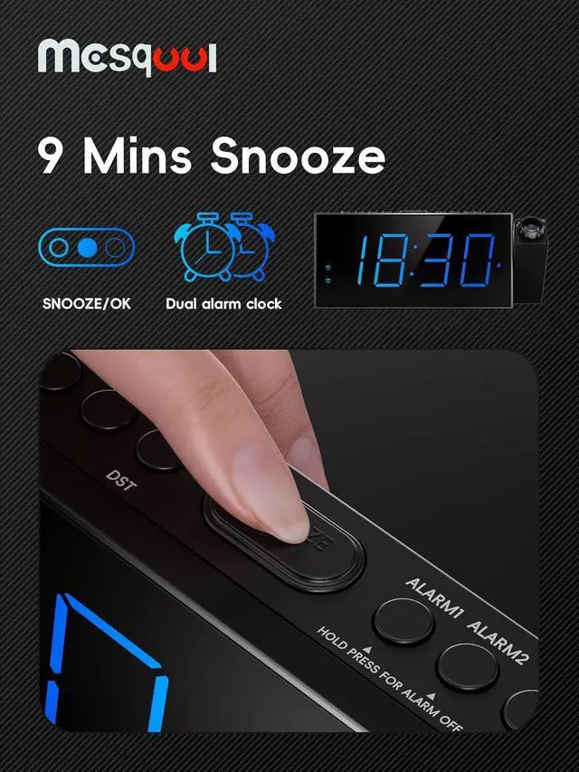 Alt view image 7 of 7 - Digital Projection Alarm Clocks for Bedrooms - Large LED Display, 180° Rotatable Projector, 5-Level Dimmer,USB Charger,Battery Backup,Loud Dual Alarms for Kids Elderly,Heavy Sleepers,Snooze,12/24H,DST