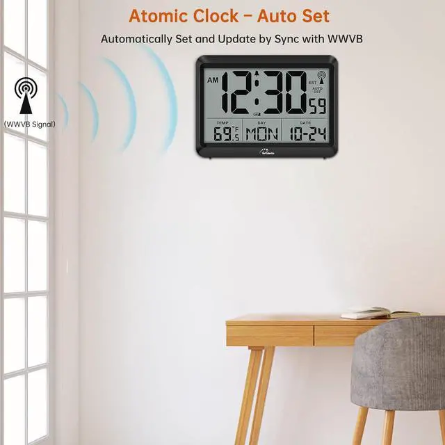 Alt view image 2 of 7 - WallarGe Atomic Digital Wall Clock Battery Operated, Self-Setting, Large Display with Temperature, Date, Day of The Week, Silent Wall Mount Digital Clock, 4 Time Zones, DST